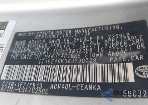 2008 Toyota Camry Le z USA, uszkodzony, nr VIN 4T1BE46K58U790728